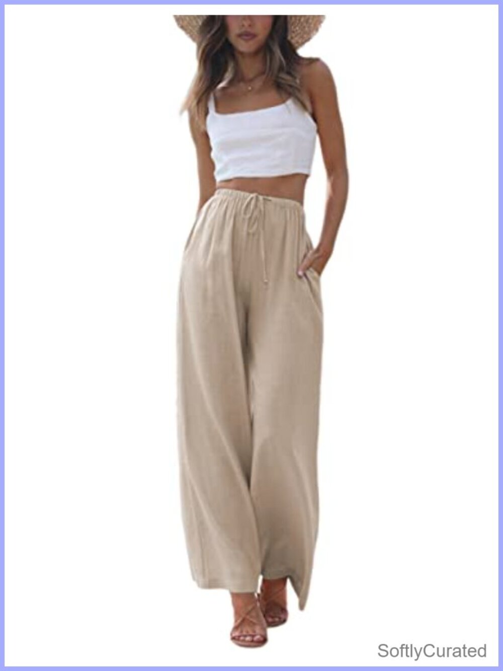 Cotton Linen Palazzo Pants Wide Leg Beach Trousers with Pockets